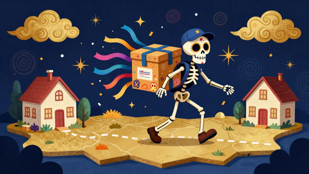 A skeleton courier delivering a colorful package across a whimsical, stylized folk-art map.