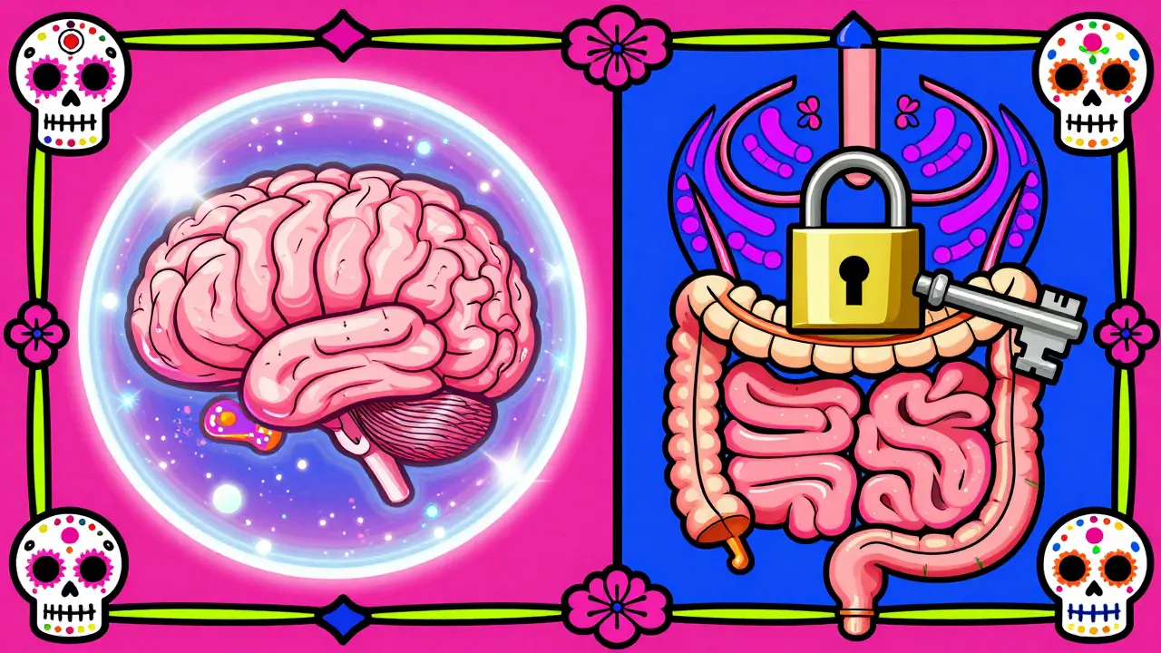 Artistic depiction of a protective brain barrier and a key unlocking the gut.