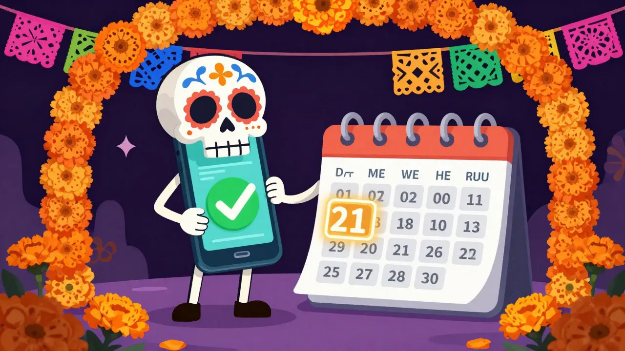 Calavera character using a diet tracker app next to a 21-day recovery calendar.