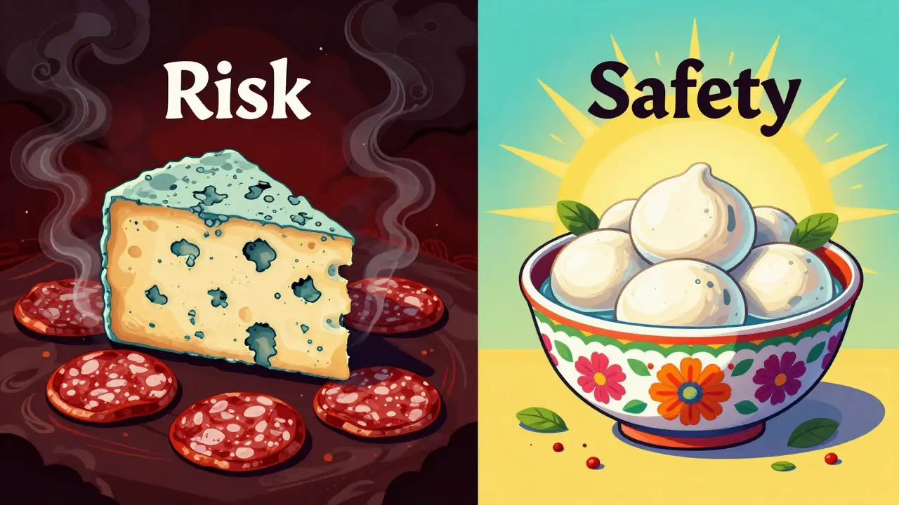 Comparison of high-risk aged cheeses and safe fresh cheeses in Day of the Dead art style.