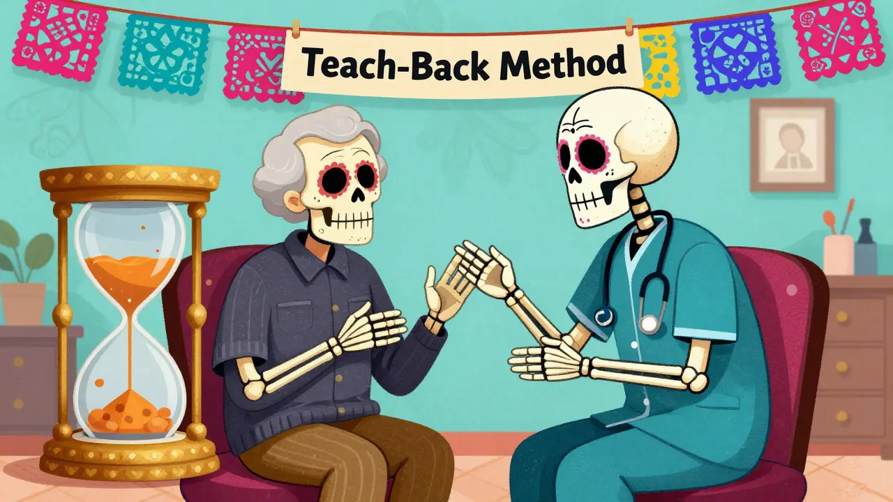 Day of the Dead style illustration of a patient and caregiver practicing the teach-back method at home.