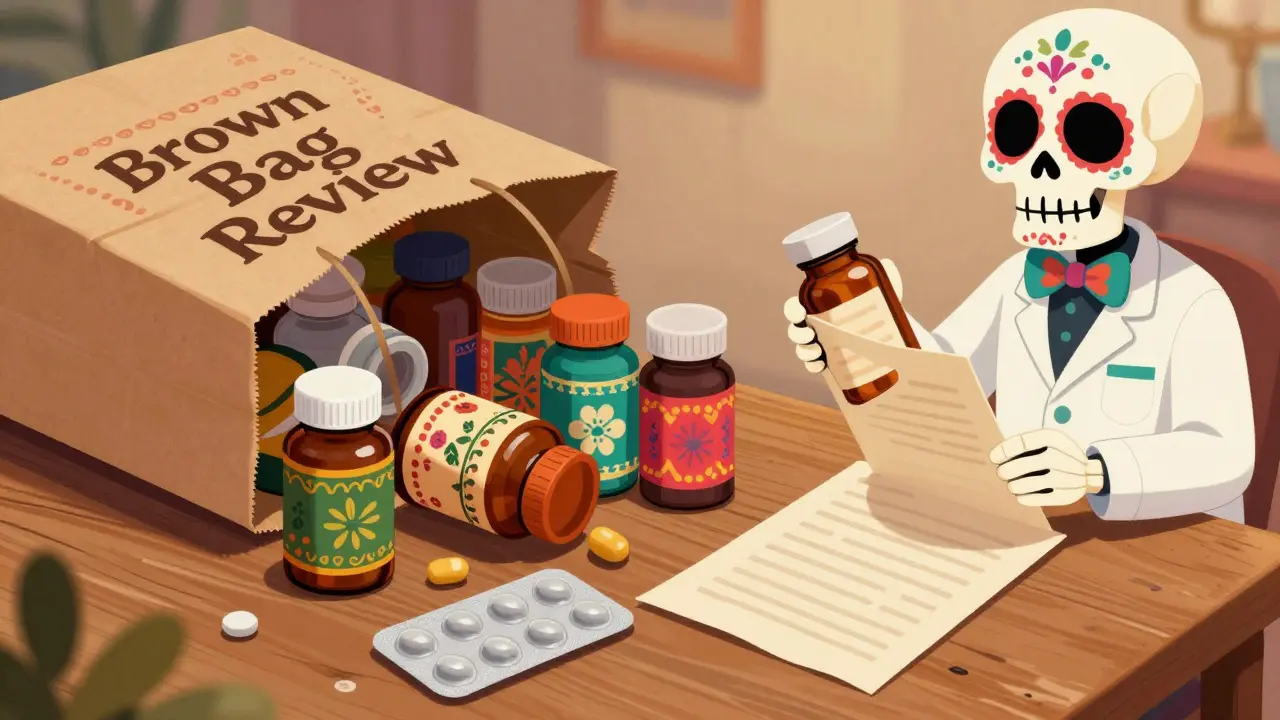 Day of the Dead style illustration of a pharmacist reviewing medicine bottles from a brown paper bag.