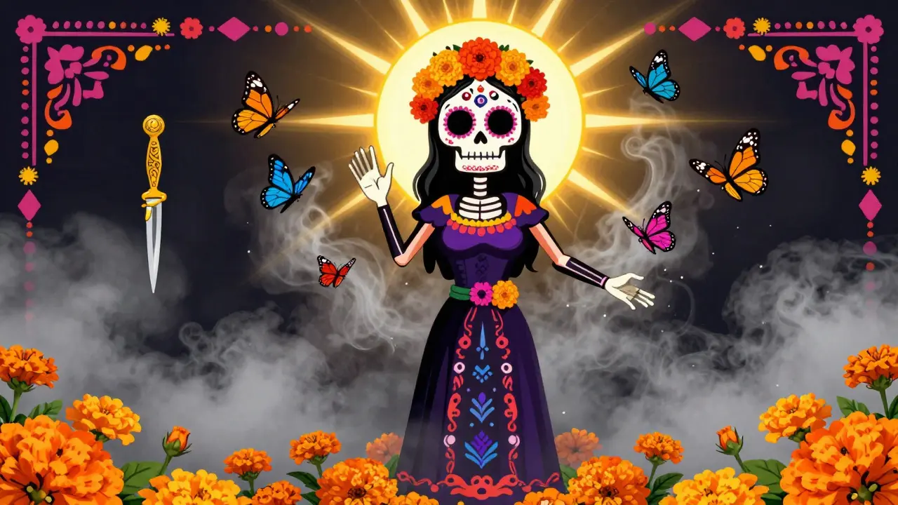 Joyful Calavera figure awakening as fog turns into butterflies with bright floral background