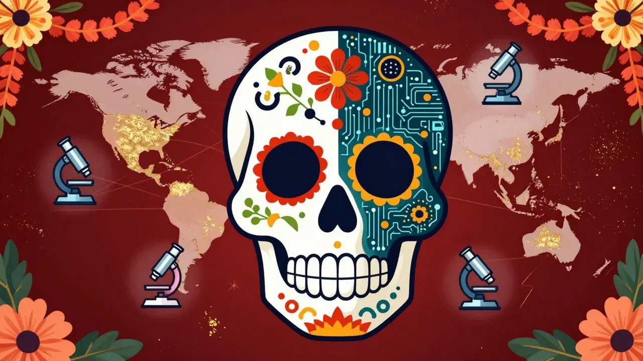 Ornate sugar skull combining folk art and digital circuits to represent global pharmaceutical harmonization