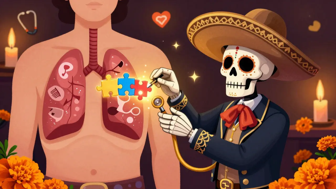 Skeletal doctor treating a patient's mixed COPD symptoms in a colorful Day of the Dead setting