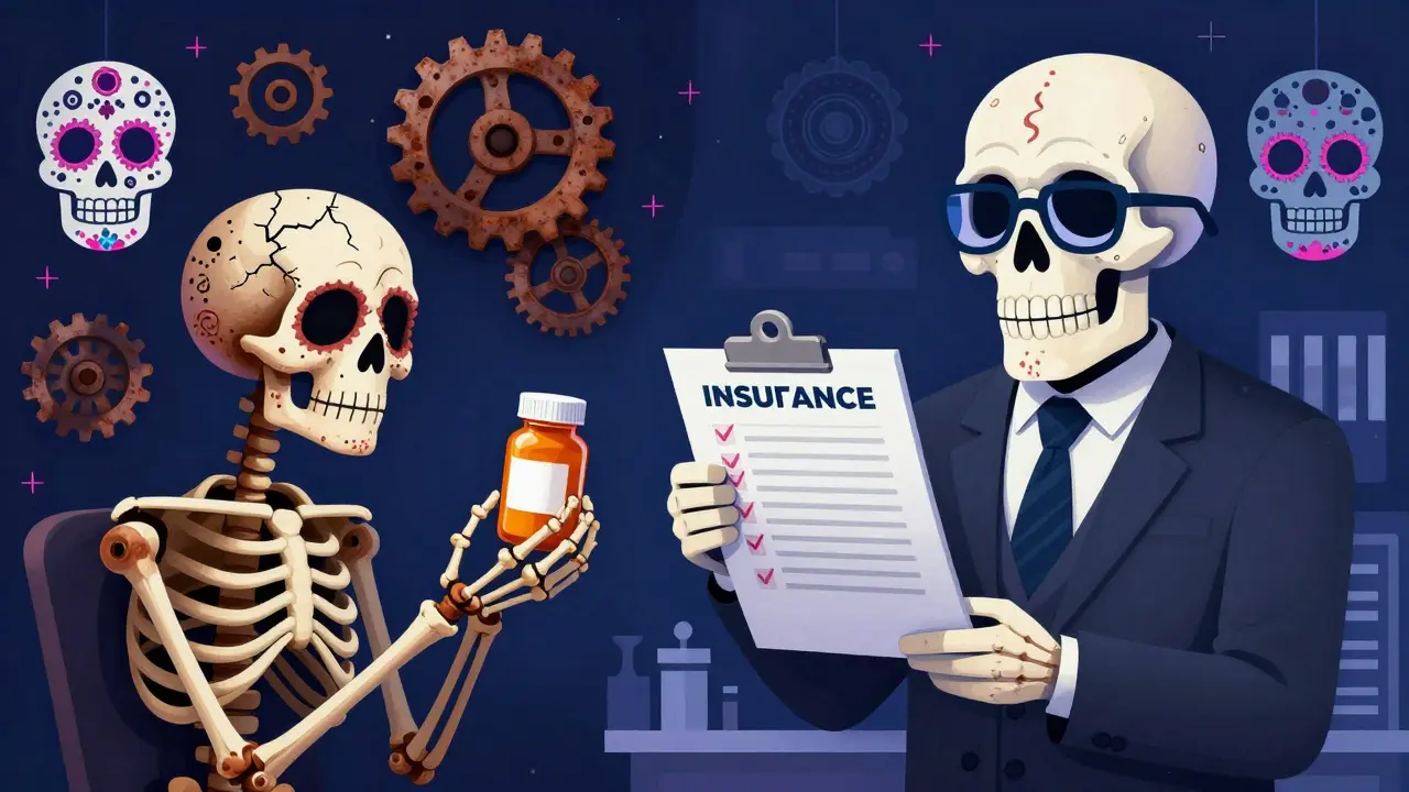 Skeletal patient with rusty joints and a corporate skull insurance agent