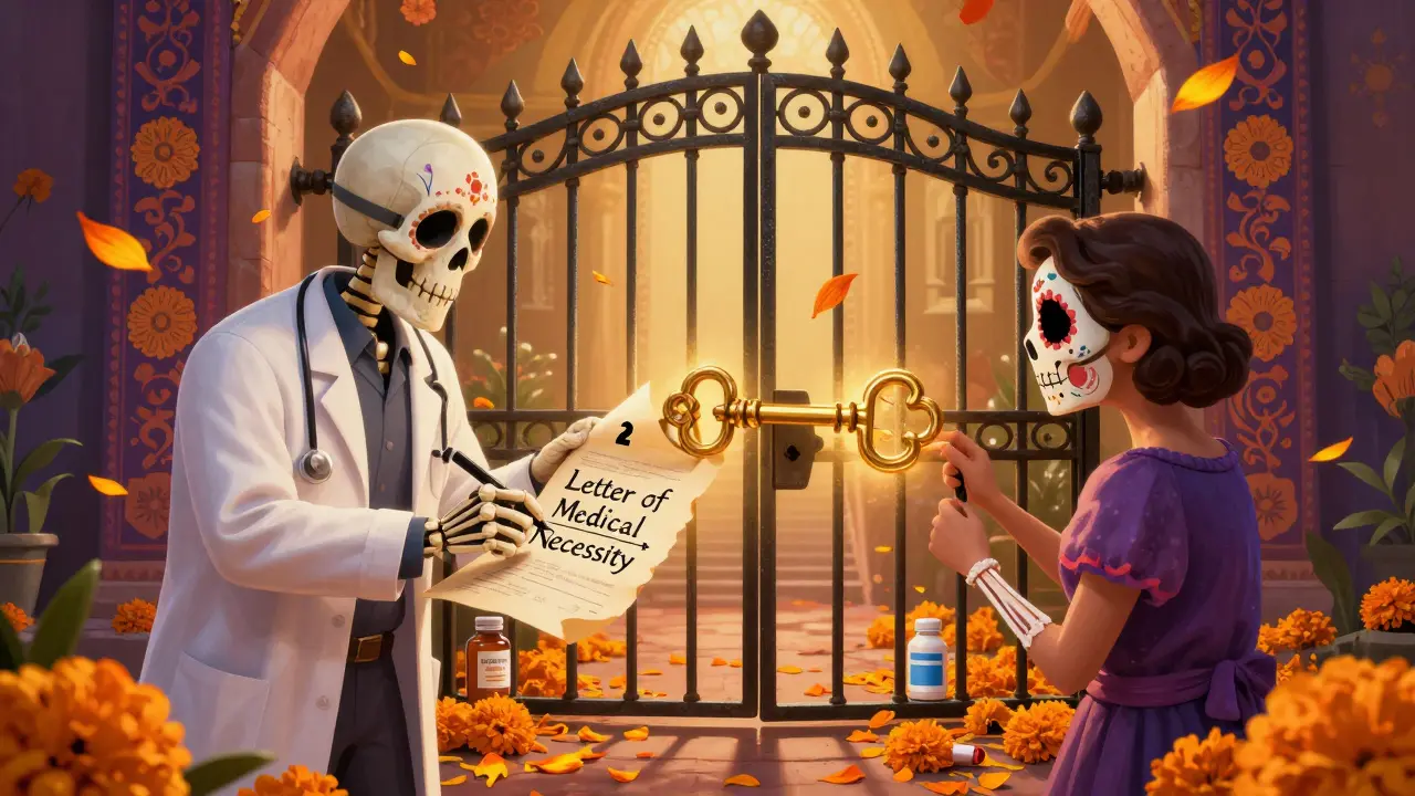 Skeleton doctor using a glowing letter to unlock a gate to medication