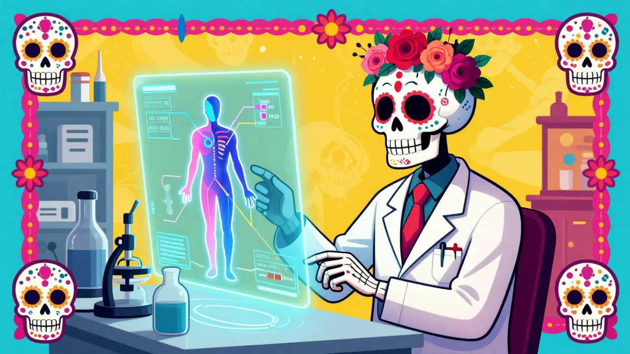 Skeleton scientist using a colorful holographic interface to model drug distribution in the body