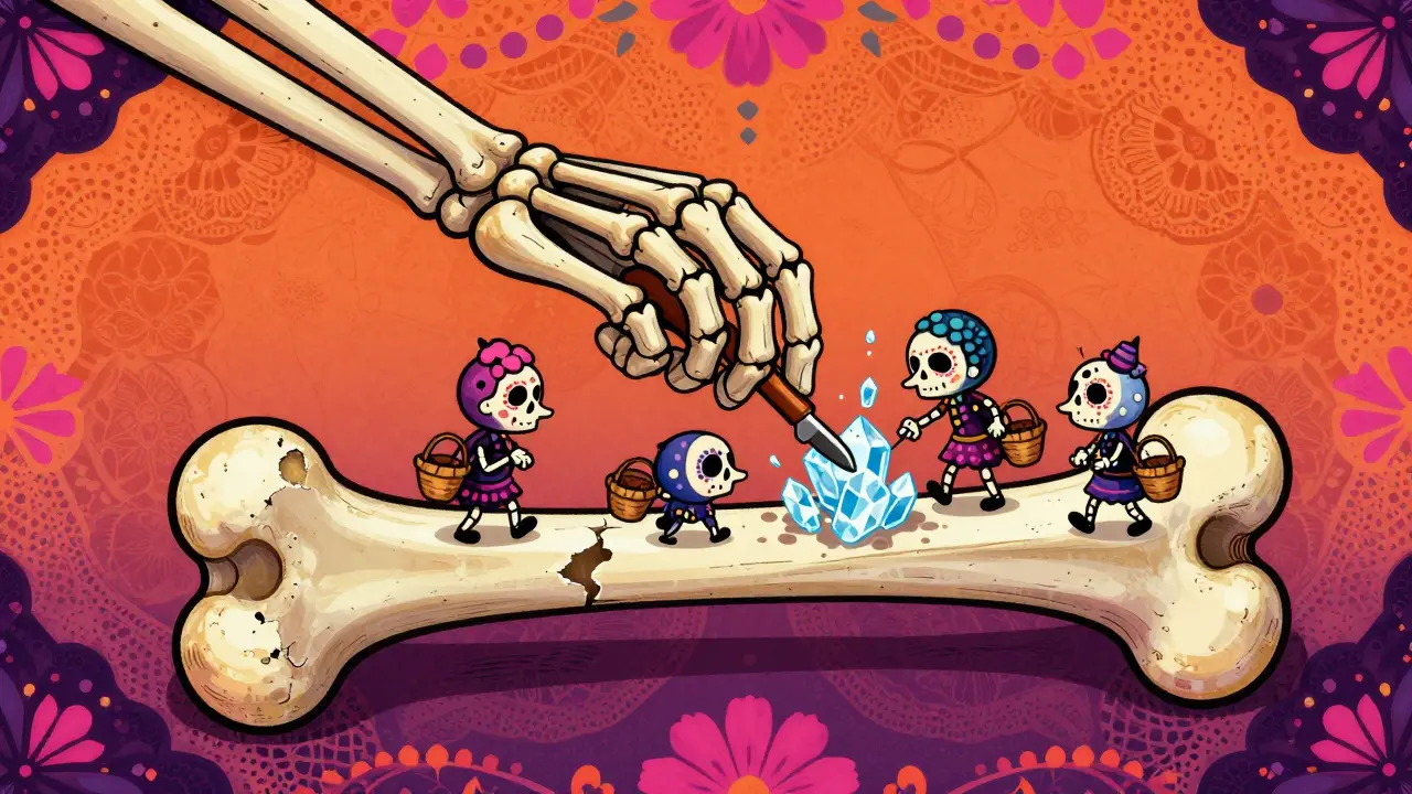Stylized skeleton bones with small spirits removing calcium crystals in folk-art style