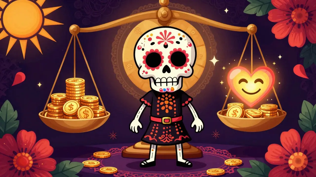 Sugar skull character feeling relieved with a scale balancing cost and quality of life.