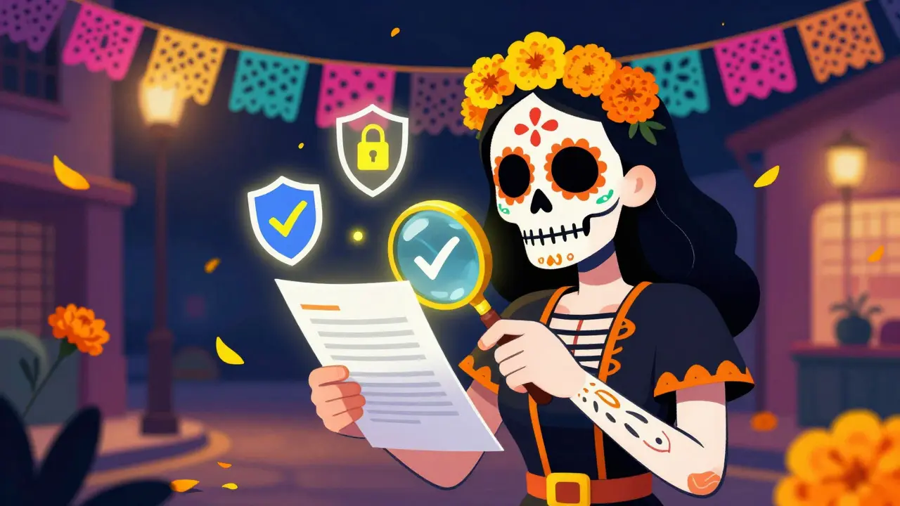 Sugar-skull character verifying a prescription with a shield symbol in a colorful folk-art setting