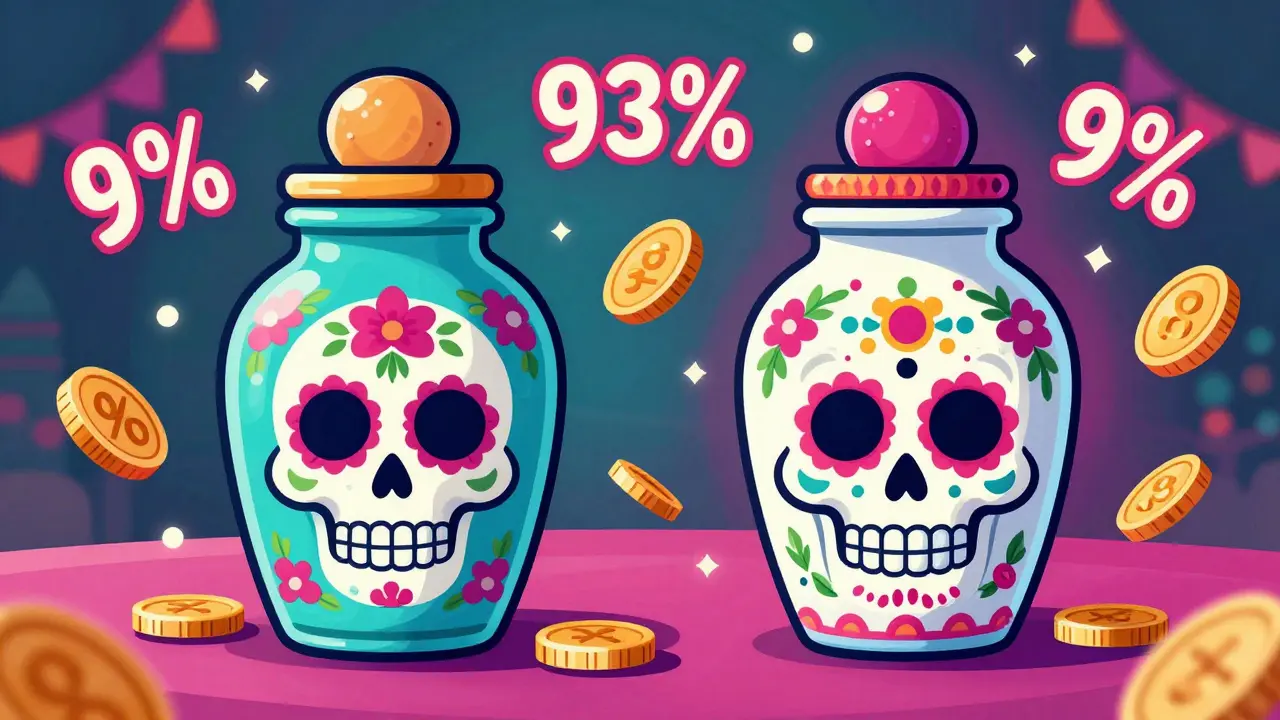 Two decorated apothecary jars with discount symbols in a festive Day of the Dead art style