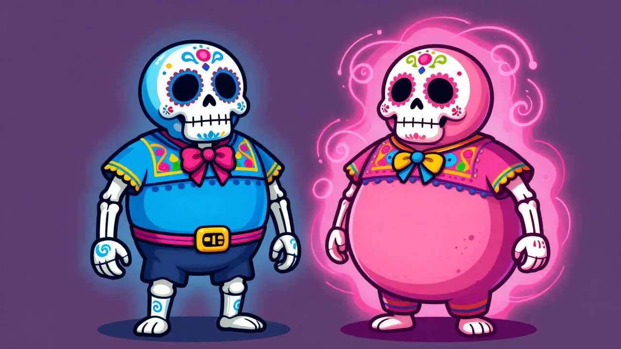 Two skeletal characters representing chronic bronchitis and emphysema with festive decorations