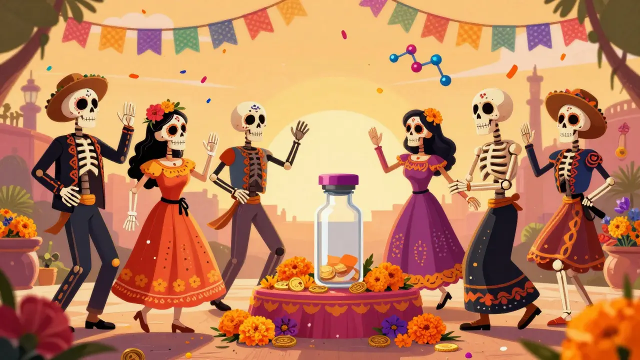 Dancing skeletons celebrating healthcare access around an altar with a vial