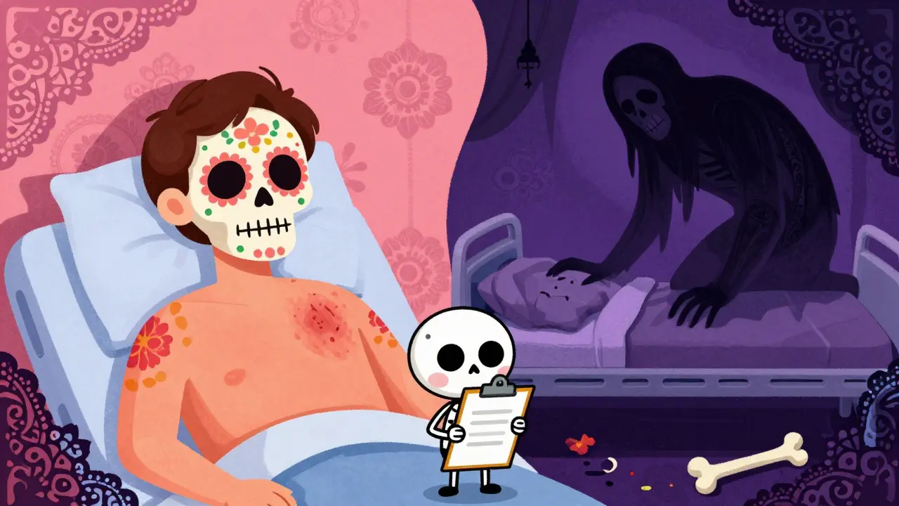 Day of the Dead illustration contrasting mild rash with serious hospitalization risks