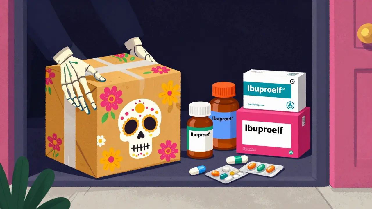 Delivery package and medicine bottles arranged on a doorstep