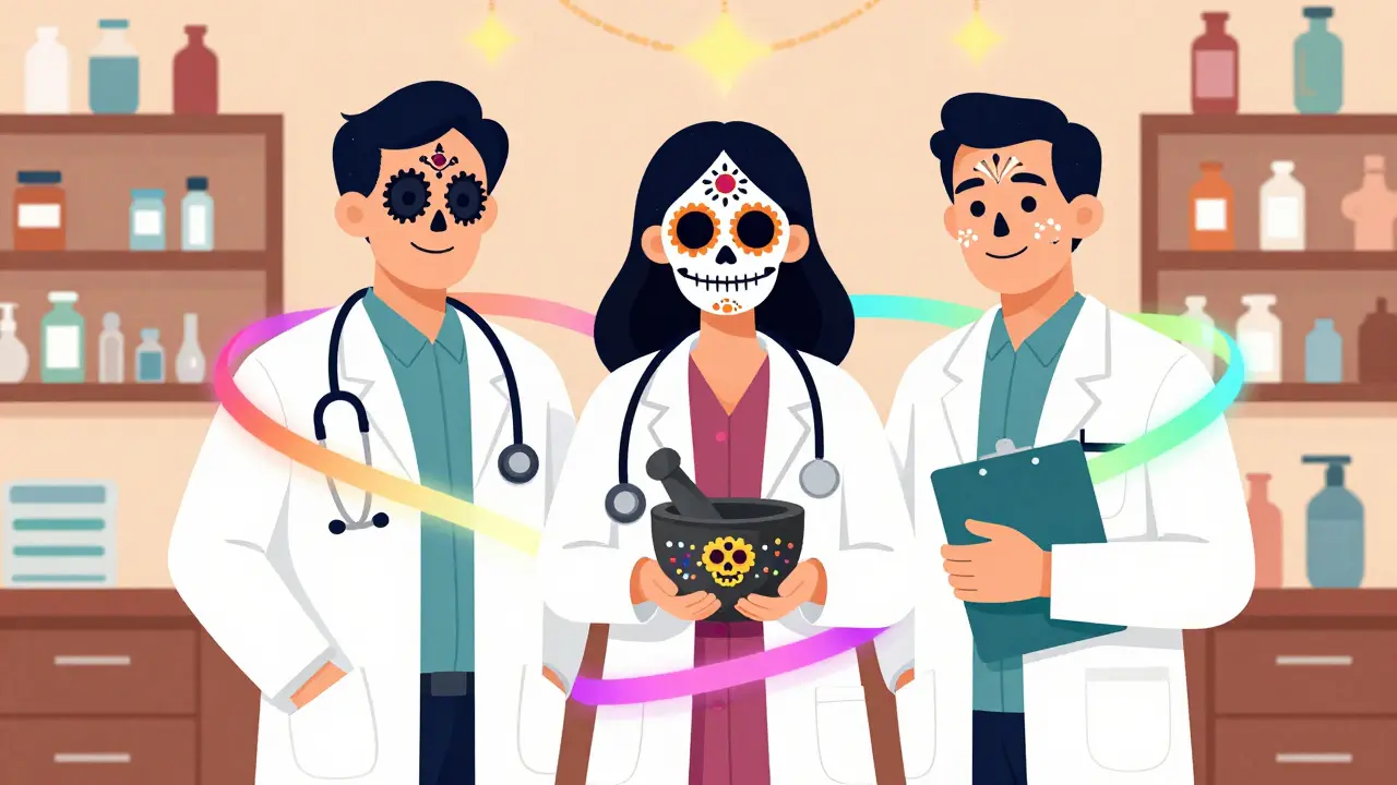 Doctor, pharmacist, and specialist collaborating with Day of the Dead art