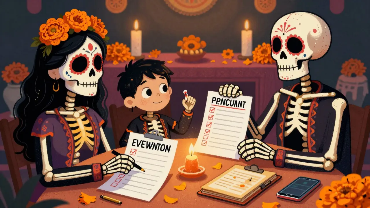 Family skeletons planning medication costs at a decorated table with marigolds.