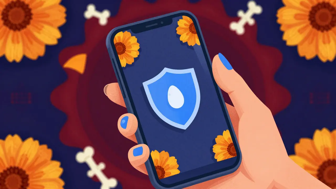 Hand holding phone showing safety shield icon with floral design
