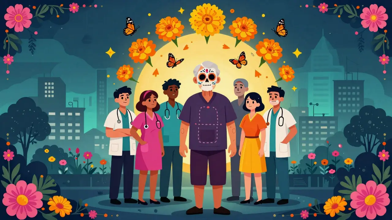 Healthy patient supported by team, surrounded by marigolds and butterflies