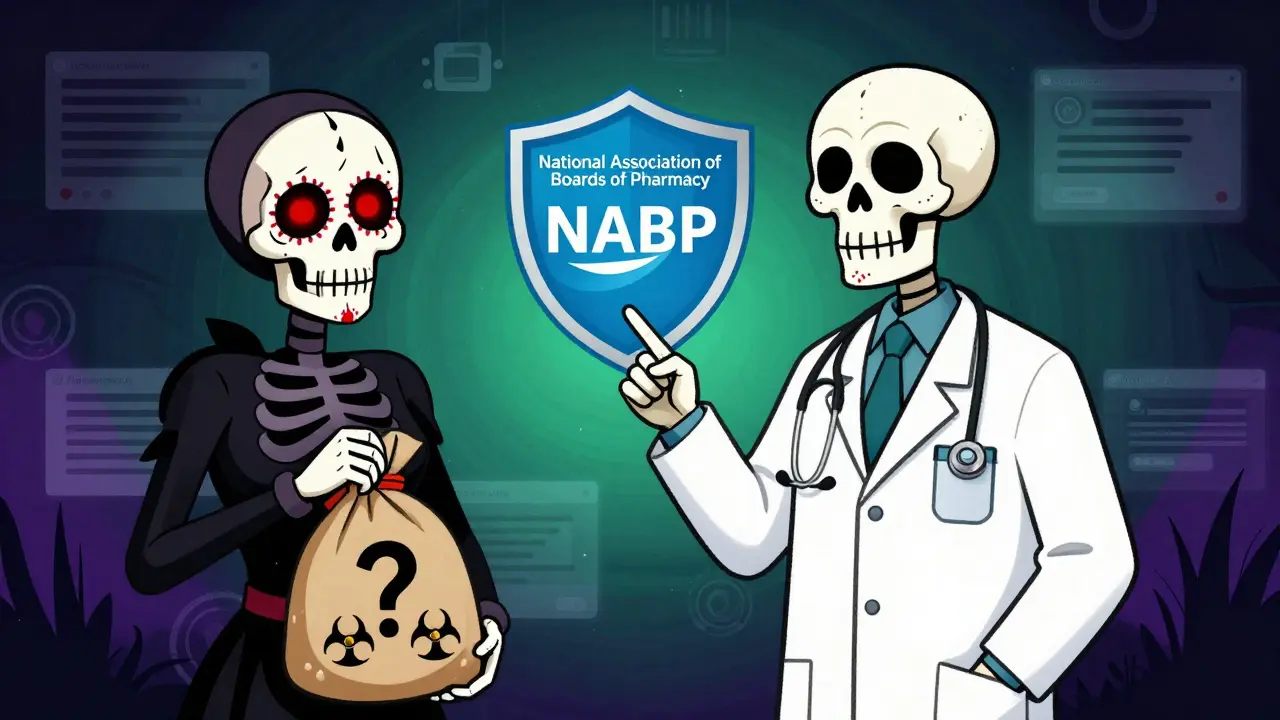 Illustration showing a benevolent doctor skeleton warning against counterfeit drug skulls and scams.