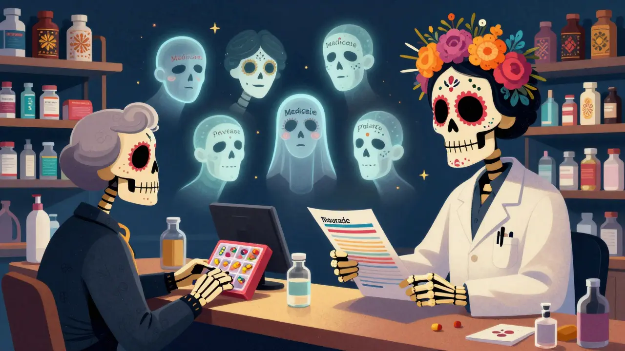Pharmacist skeleton reviewing drug forms with residents in a festive nursing home setting.