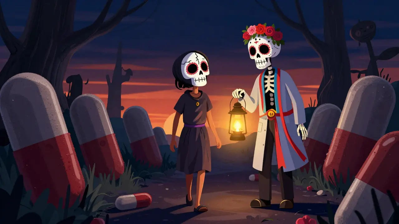 Skeletal healer guiding a patient away from dark opioid shadows toward light