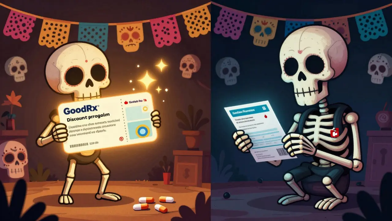 Skeleton characters comparing discount coupons and verified online pharmacy packages in vibrant art.