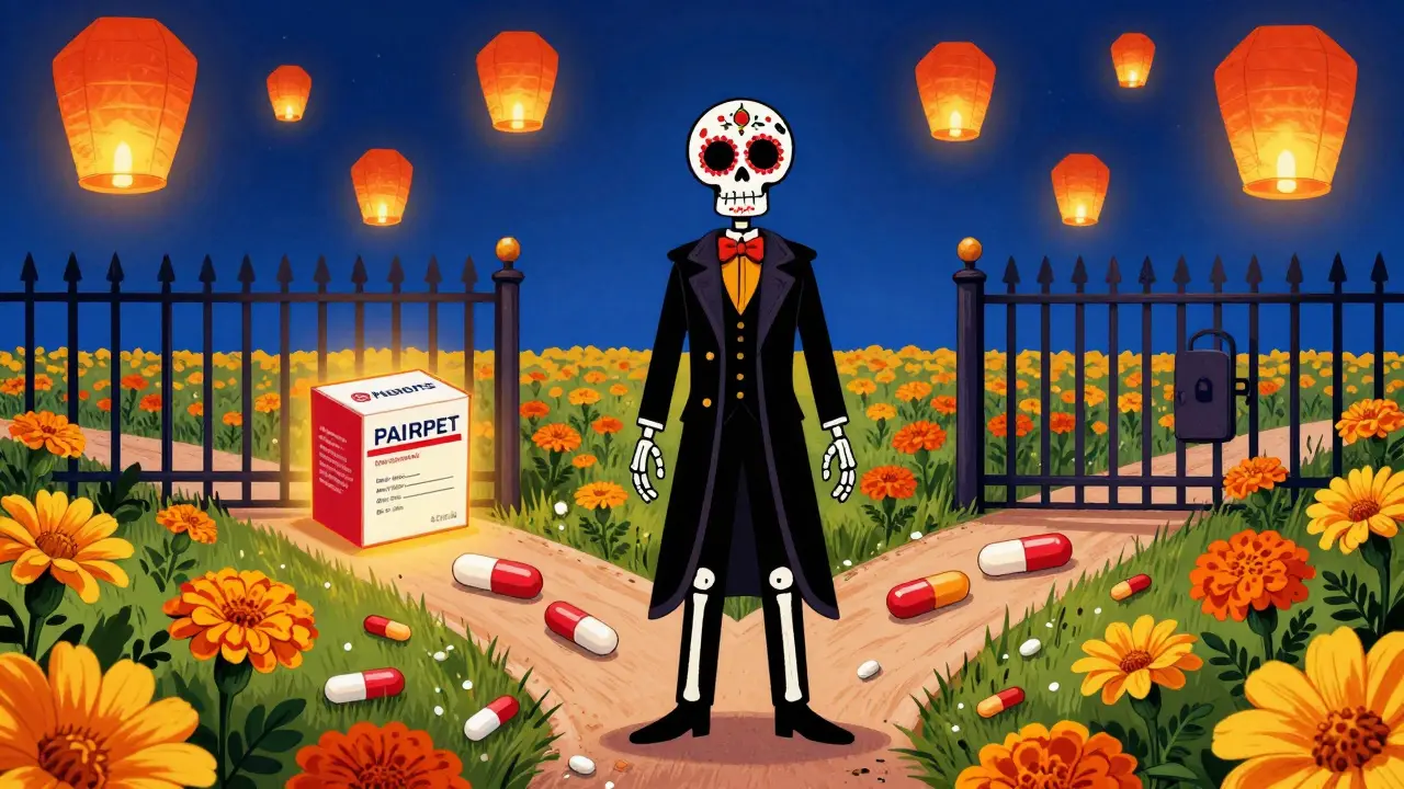 Skeleton figure at a crossroads choosing between branded drug fence and open field of generic pills.