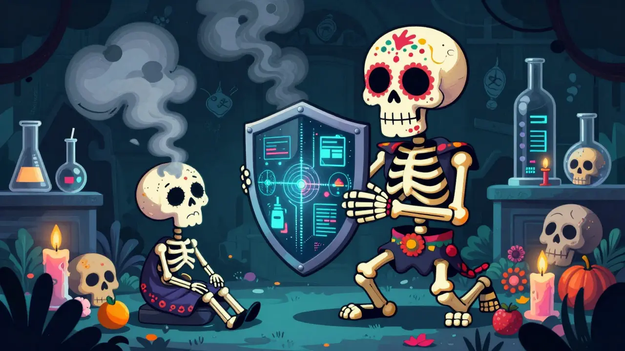 Skeleton holding a data shield protecting a patient from dissolving myth clouds