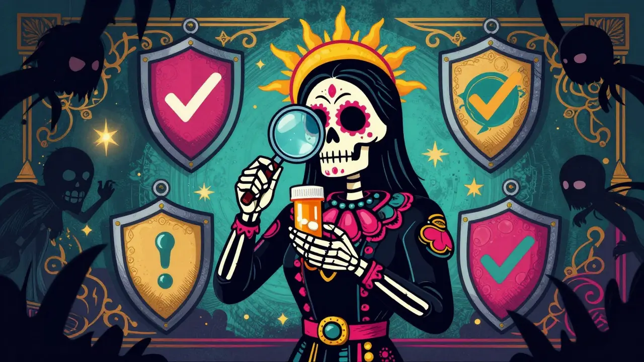 Skeleton verifying pharmacy safety with shield against scam shadows.