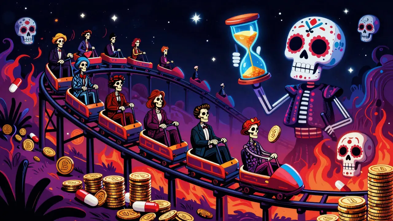 Skeletons on a coin rollercoaster showing savings volatility