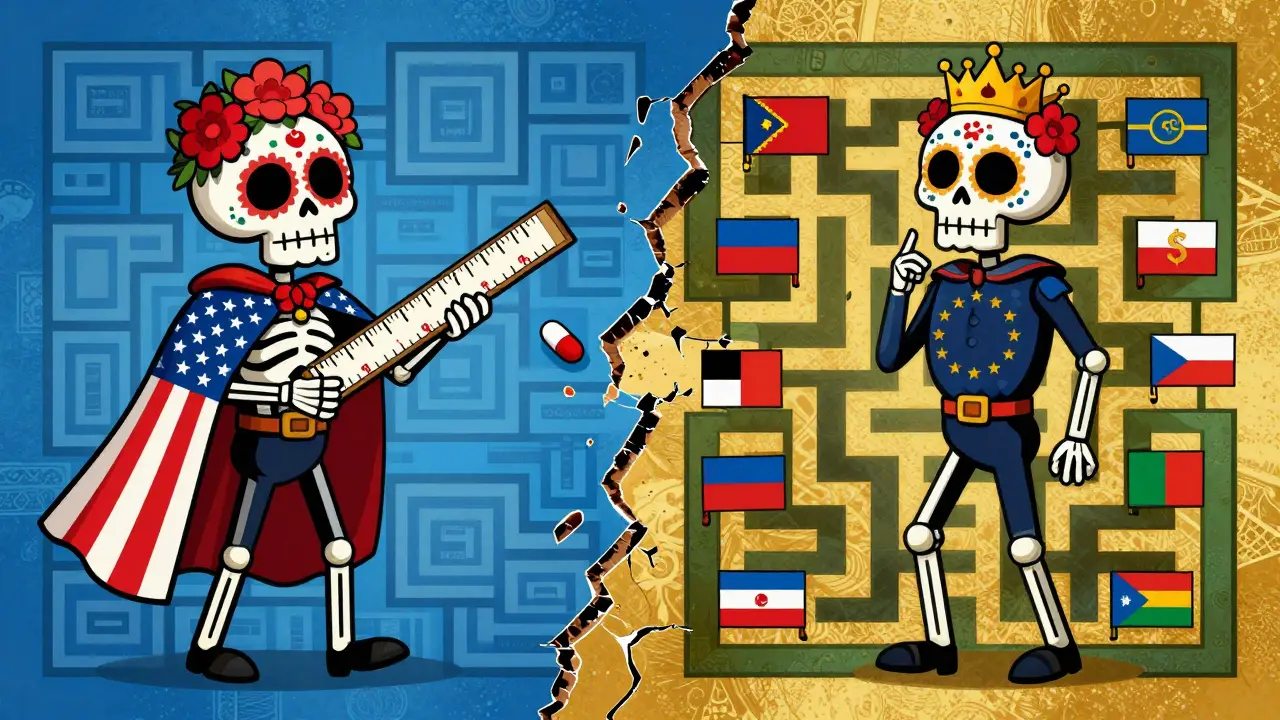 Split view of US and EU regulatory skeletons comparing rules