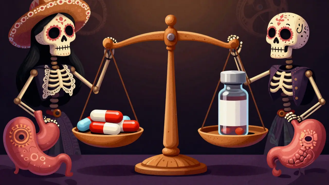 Stylized skeletons balancing brand-name combo pills against separate generics on a decorative scale.
