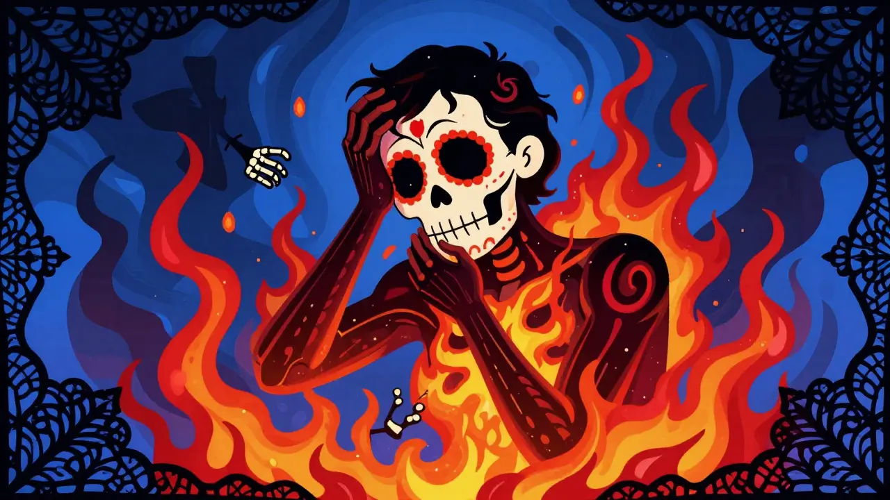 Sugar skull character suffering from heat and tremors, illustrating serotonin syndrome symptoms artistically.