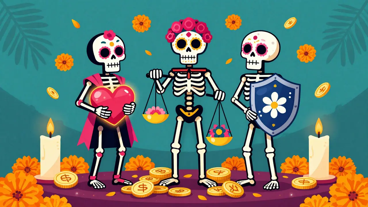 Three skeletons representing heart, mind, and cancer savings