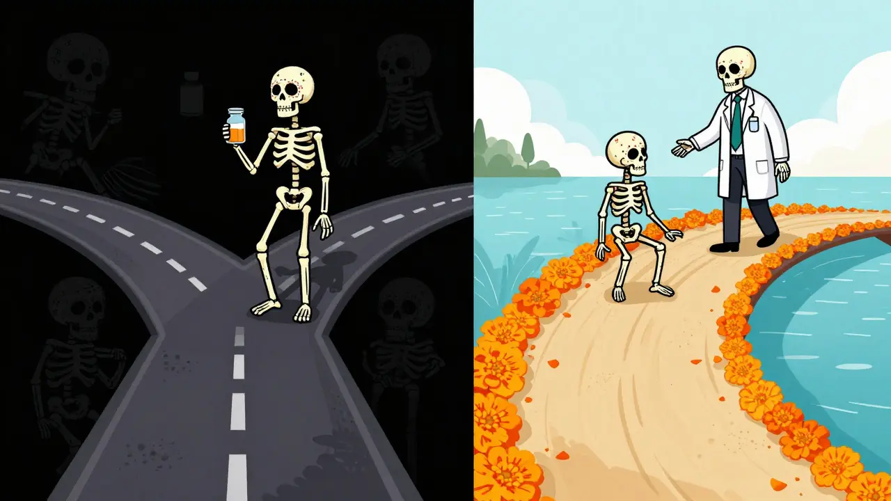 Two paths at a crossroads: one dangerous with shadows, one safe guided by a doctor skeleton.