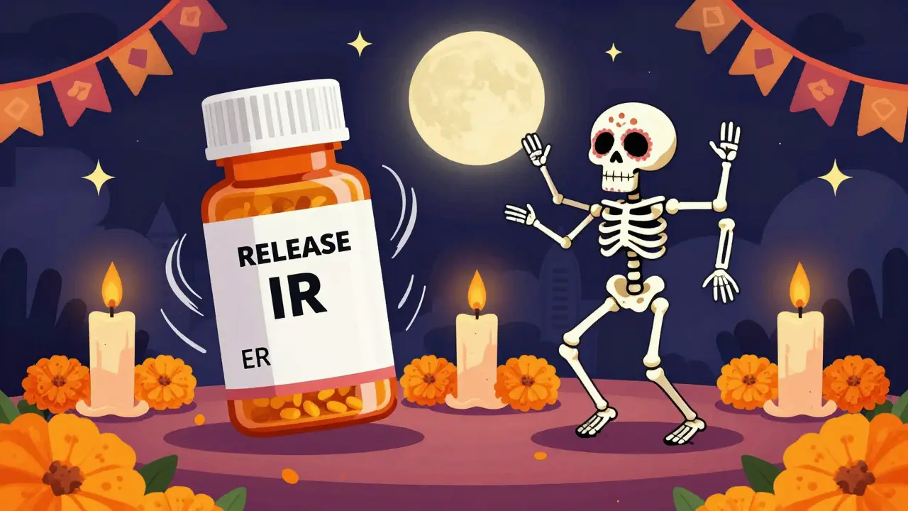 Two pill bottle skeletons dancing to show IR vs ER medication differences.