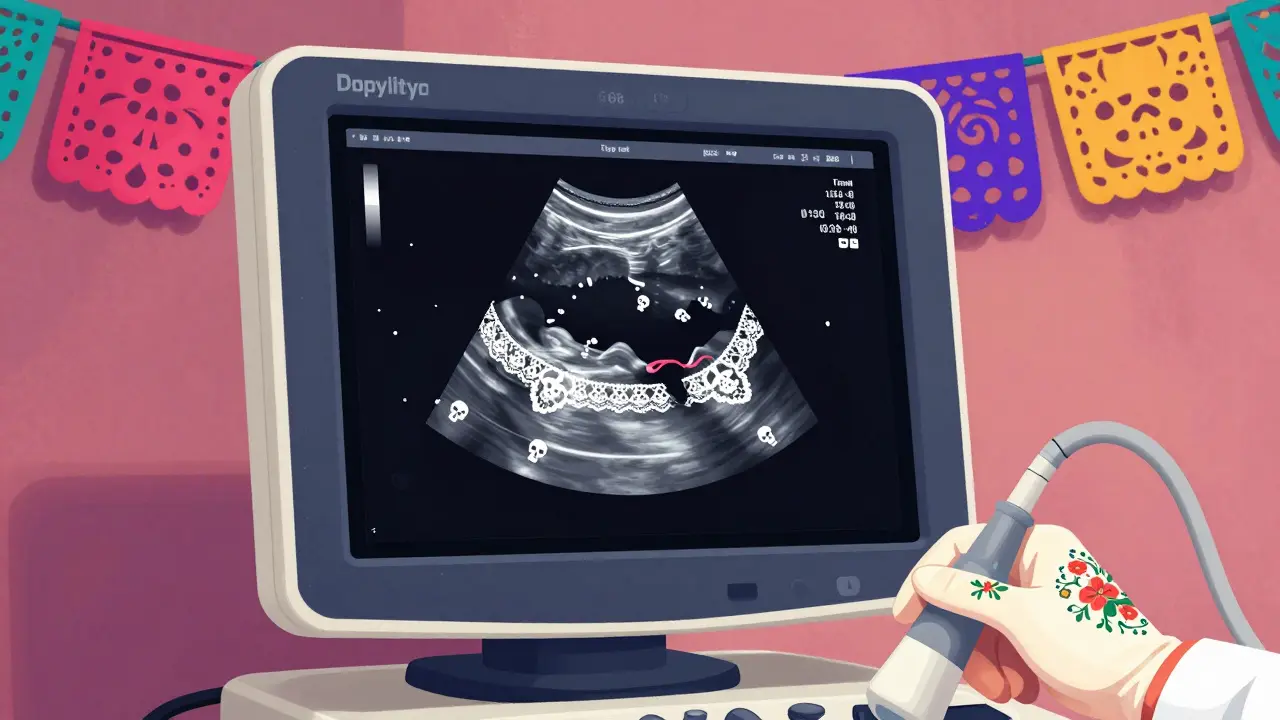 Ultrasound screen displaying blocked blood flow in cartoon Day of the Dead art style