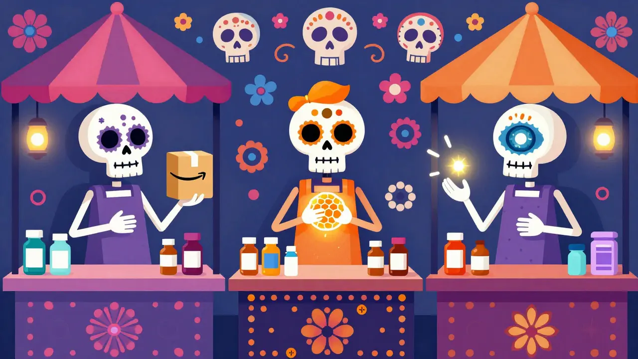 Colorful skeletons representing online pharmacies selling medicine safely