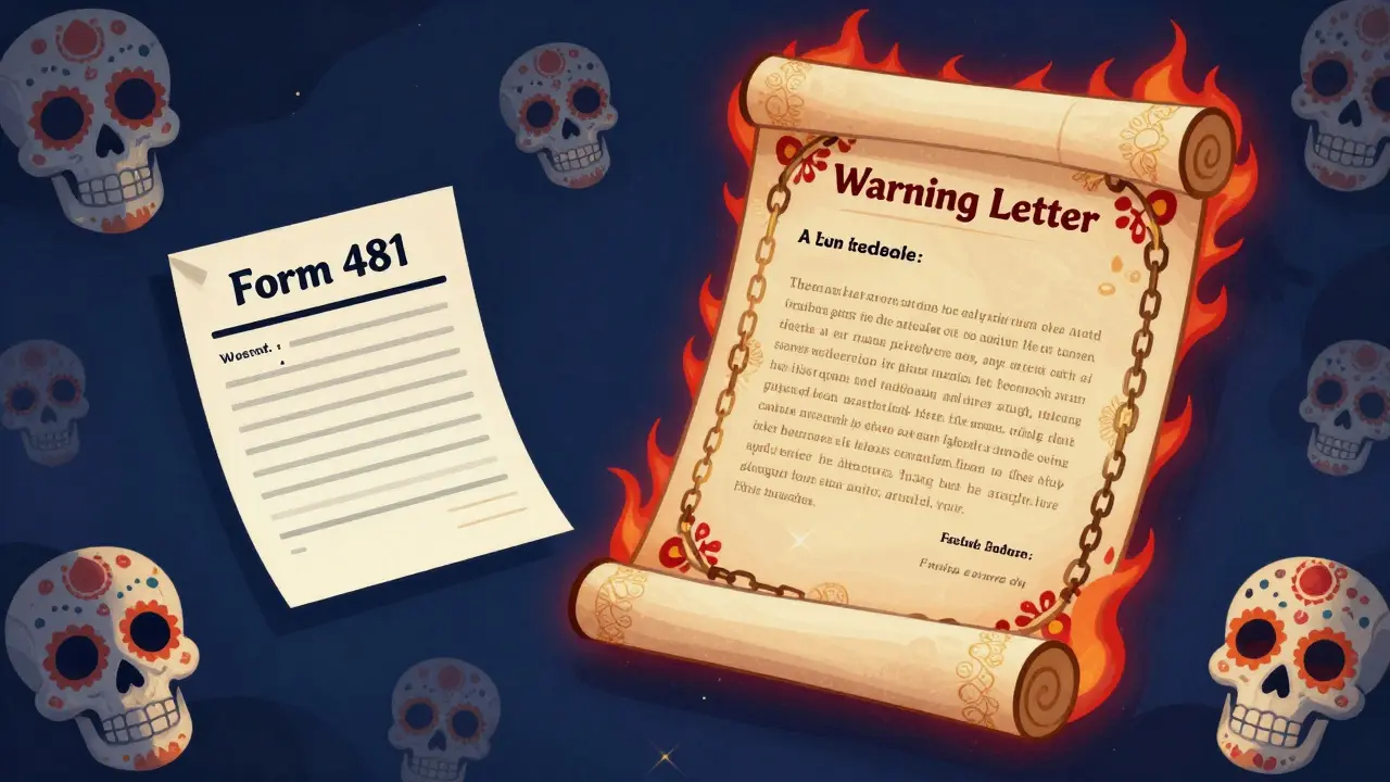 Contrasting small slip vs large scroll document with sugar skulls and chains