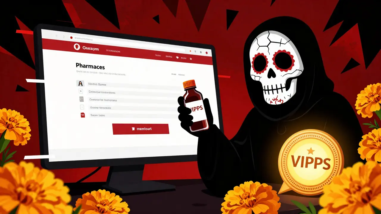 Dark skeleton scammer vs bright safe pharmacy seal in Day of Dead style