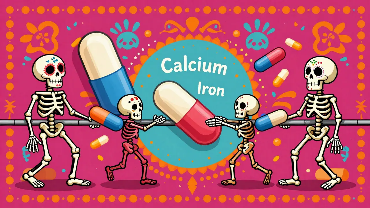 Day of the Dead style art showing minerals blocking antibiotic skeletons from passing through