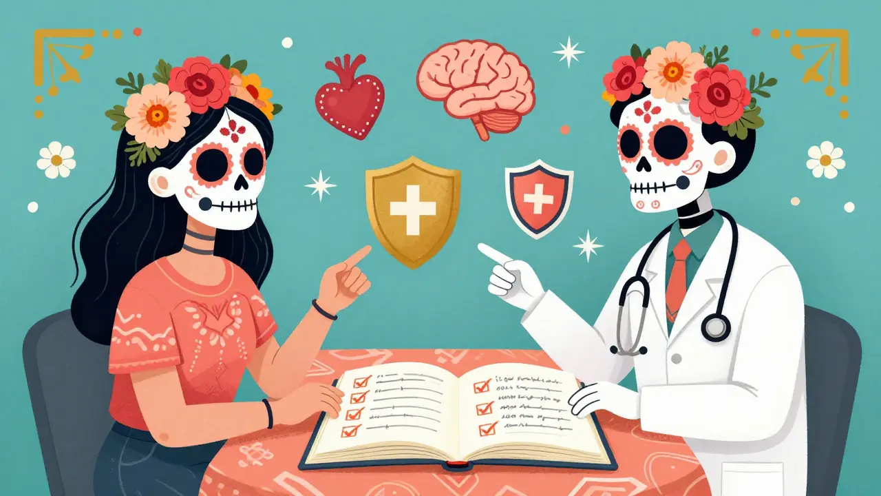 Doctor and patient reviewing notes together in a festive, illustrative style.