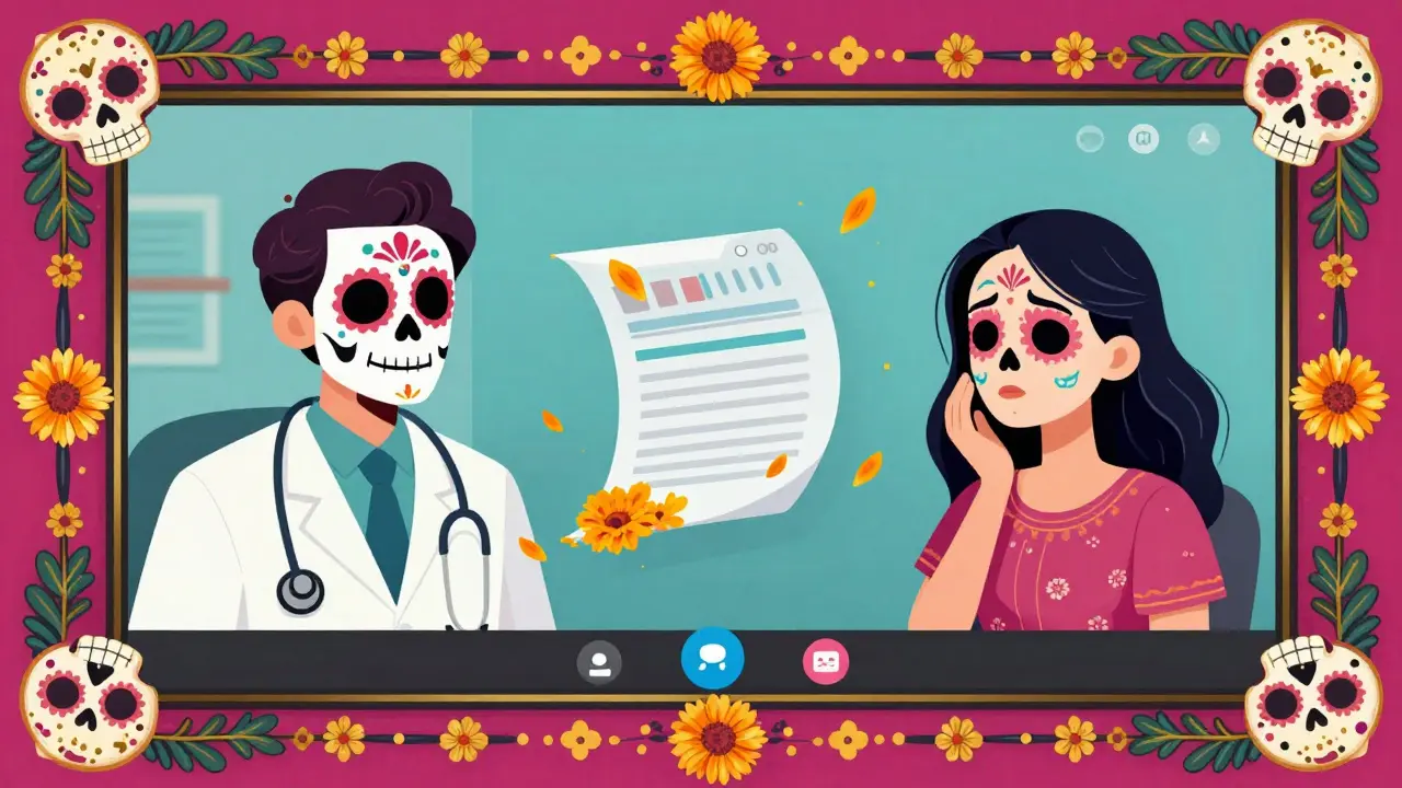 Doctor and patient video call framed by Day of the Dead floral patterns