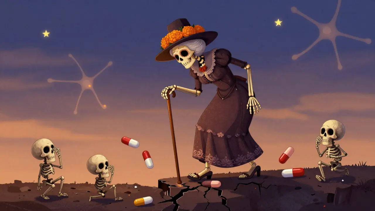 Elderly skeleton navigating a fragile path of pills, illustrating fall risks