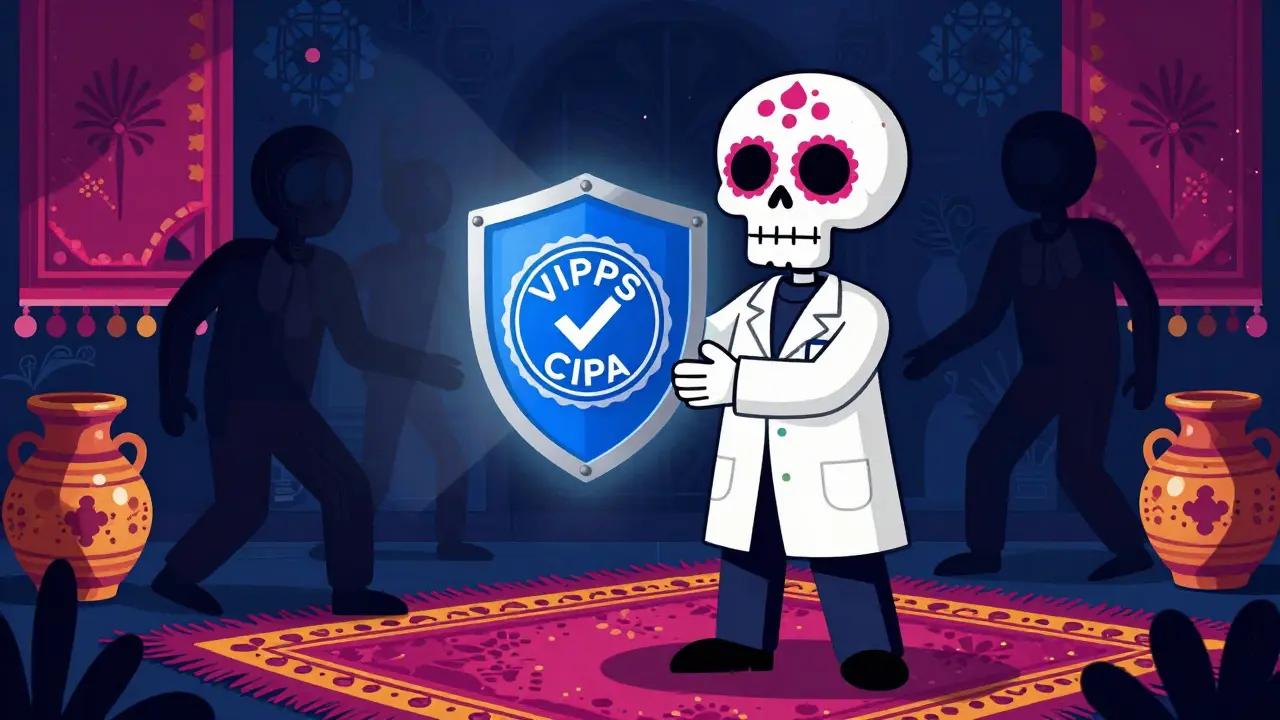 Illustration of a verified pharmacy seal protecting against fake online drug sellers