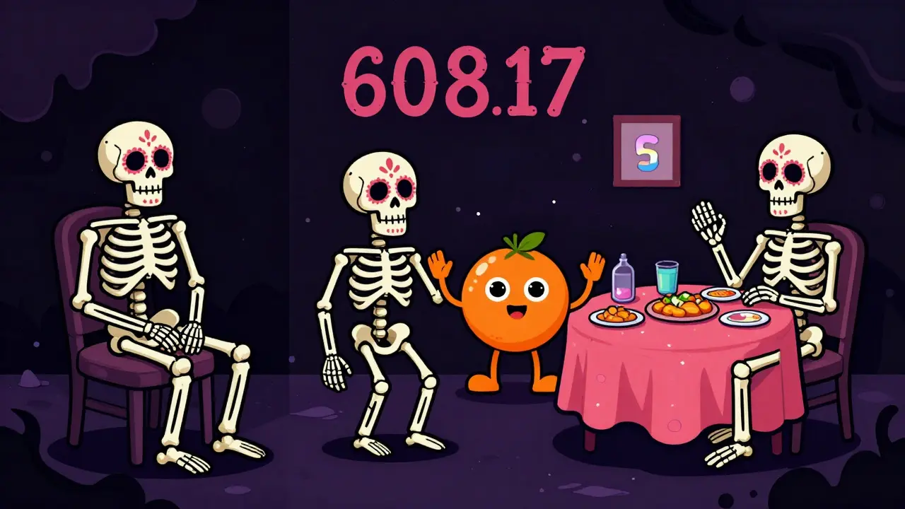 Illustration of separated medication timing with vitamin C helping iron, Day of the Dead style