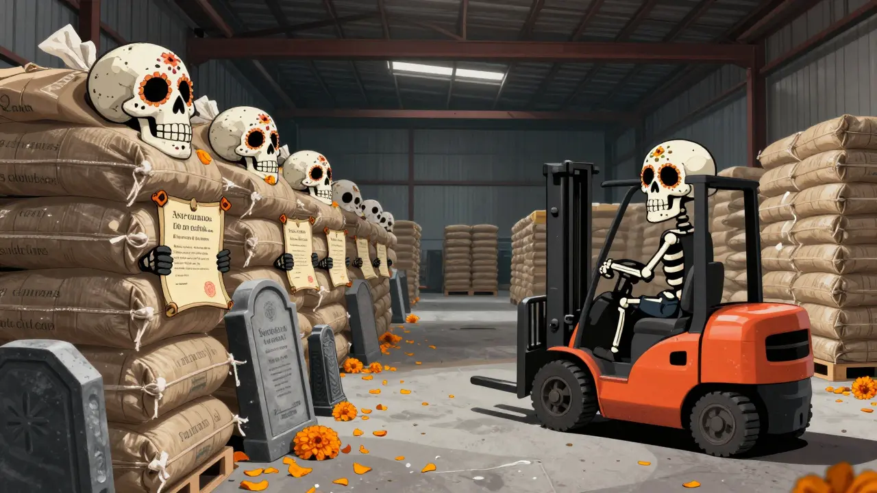 Industrial warehouse with bulk chemical bags and skeleton workers