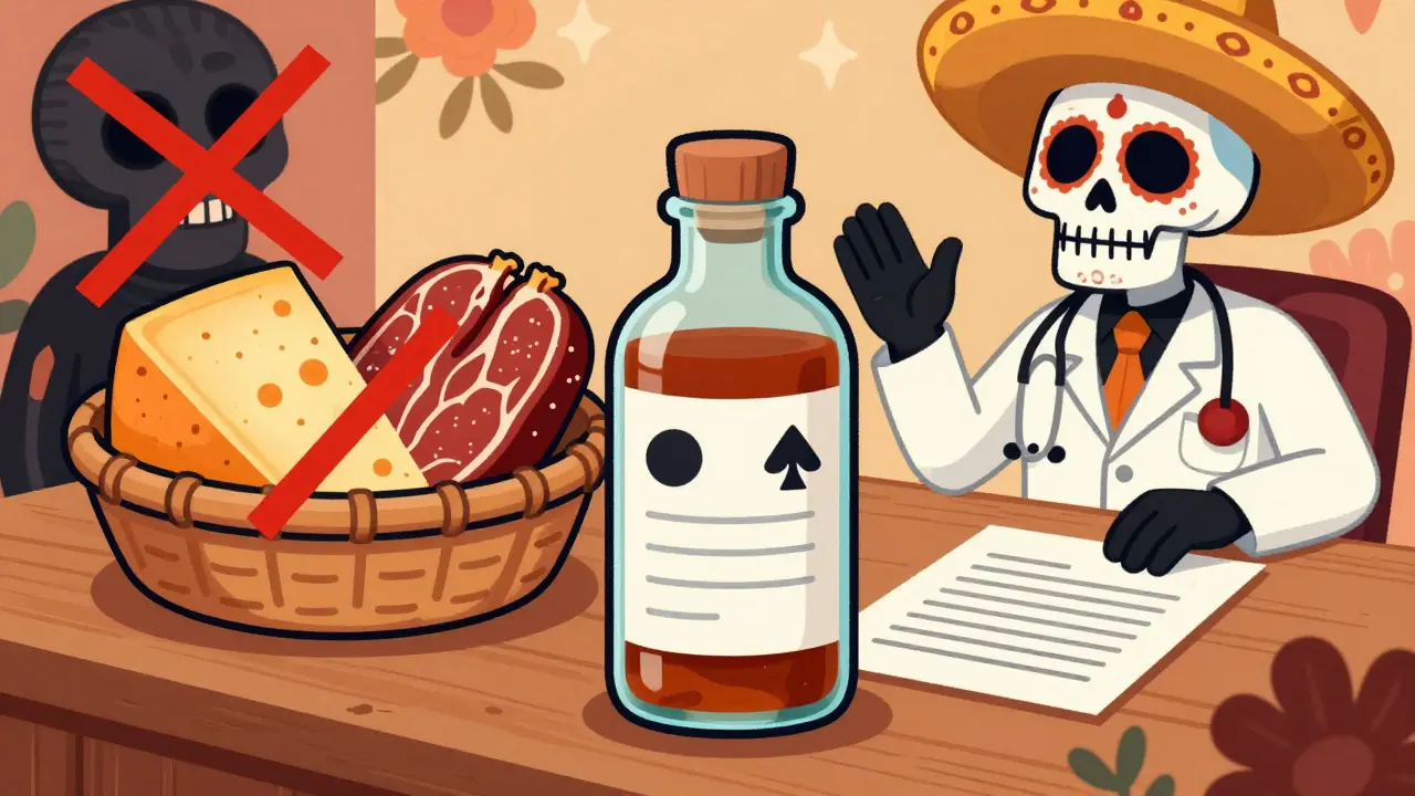 Medicine bottle with restricted foods crossed out in festive art